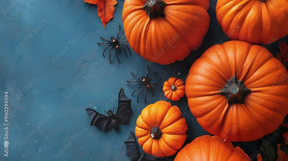 Halloween pumpkins and bats on a blue background Halloween pumpkins and bats on a blue background