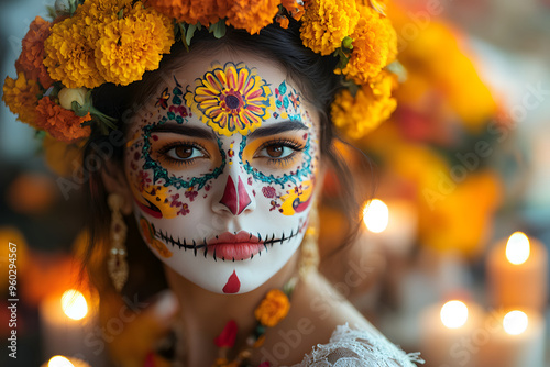 Dressed in traditional attire, a woman showcases elaborate sugar skull makeup, complete with floral crown and soft candlelight, honoring loved ones during the Day of the Dead photo