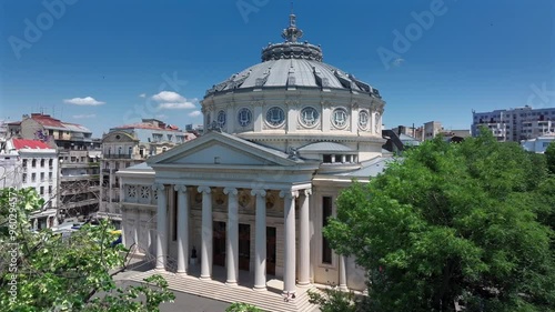 Aerial view over Romanian Atheneum building. Architecture details of this amazing landmark from Bucharest. 4k video. photo