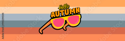 Super Hello Autumn vector banner with text and retro yellow sunglasses isolated on stripped background. Hello Autumn poster design template with cartoon sunglasses, retro rainbow, good vibes