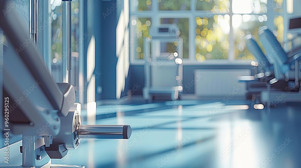 A serene and clean gym interior featuring fitness equipment, bright lighting, and large windows, ideal for wellness and exercise projects. A serene and clean gym interior featuring fitness equipment, bright lighting, and large windows, ideal for wellness and exercise projects.