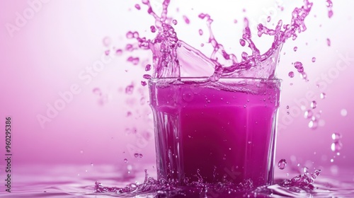 A splash of purple juice, mid-motion, with a bright background and ample space for text