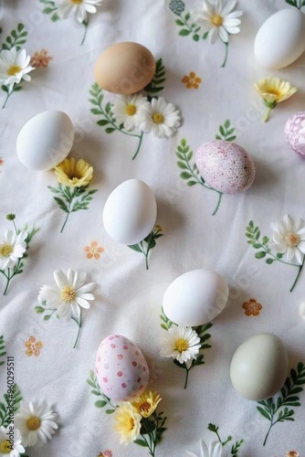 Easter eggs with floral decorations on soft background for holiday celebration