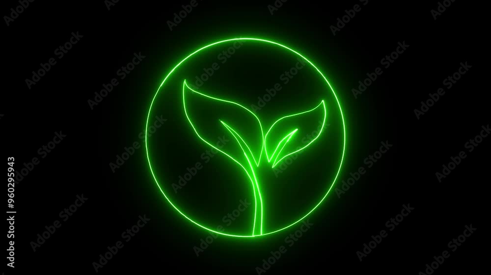 Neon line green color Animated  leaf icon with neon saber effect. black background.