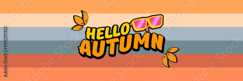 Super Hello Autumn vector banner with text and retro yellow sunglasses isolated on stripped background. Hello Autumn poster design template with cartoon sunglasses, retro rainbow, good vibes