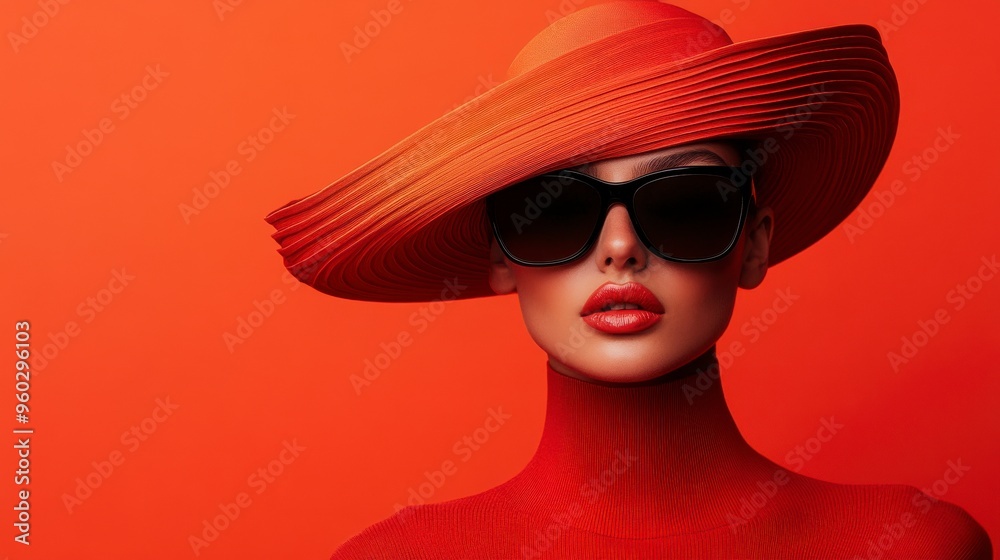 Stylish model in a vibrant outfit with a striking hat and sunglasses, set against a bold orange backdrop, exuding confidence and elegance. Stylish model in a vibrant outfit with a striking hat and sunglasses, set against a bold orange backdrop, exuding confidence and elegance.