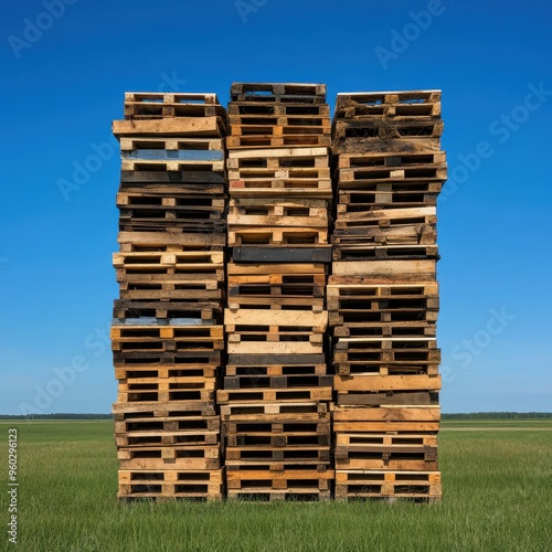 A tall stack of wooden pallets against a clear blue sky, showcasing industrial storage and logistics in a natural environment.