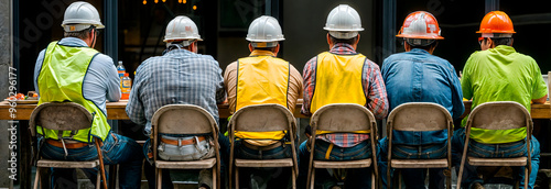 Group of workmen sitting at a table on a construction site eating lunch and resting photo