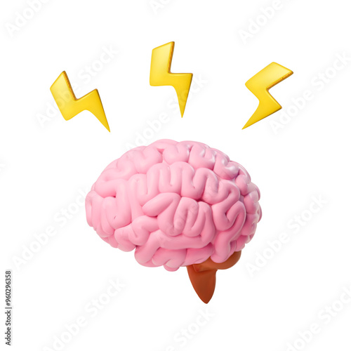 Brain with thunderbolt flashes. Brainstorming creative idea. Human Brain and lightning bolt Vector 3d cartoon icon illustration isolated