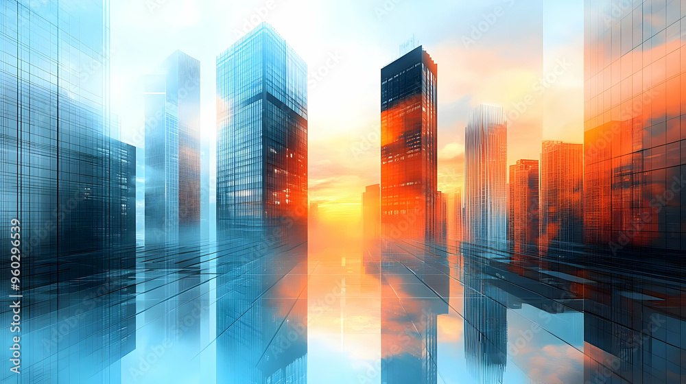 Futuristic cityscape at sunset with reflective surfaces. Futuristic cityscape at sunset with reflective surfaces.