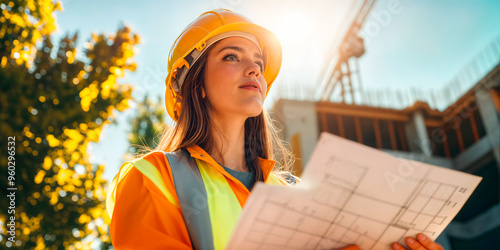 Young female construction worker in safety clothing on a commercial building site holding plans and surveying the site