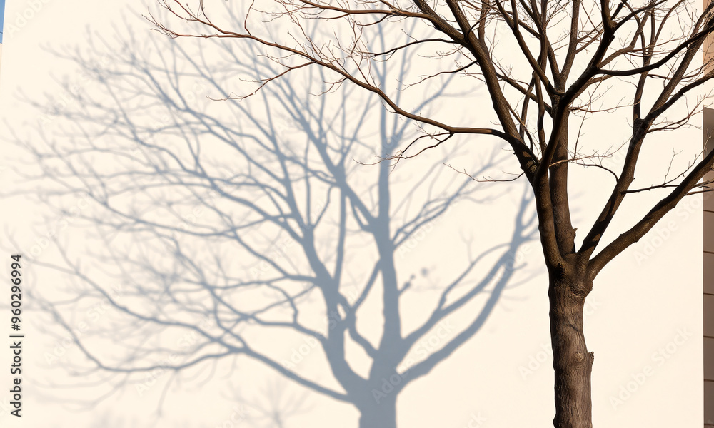 A minimalist exterior with the sharp show of a tree cast against a clean, white stucco wall A minimalist exterior with the sharp show of a tree cast against a clean, white stucco wall