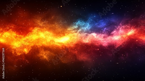 A vibrant cosmic nebula illuminated in shades of orange, blue, and purple against a dark starry background in deep space