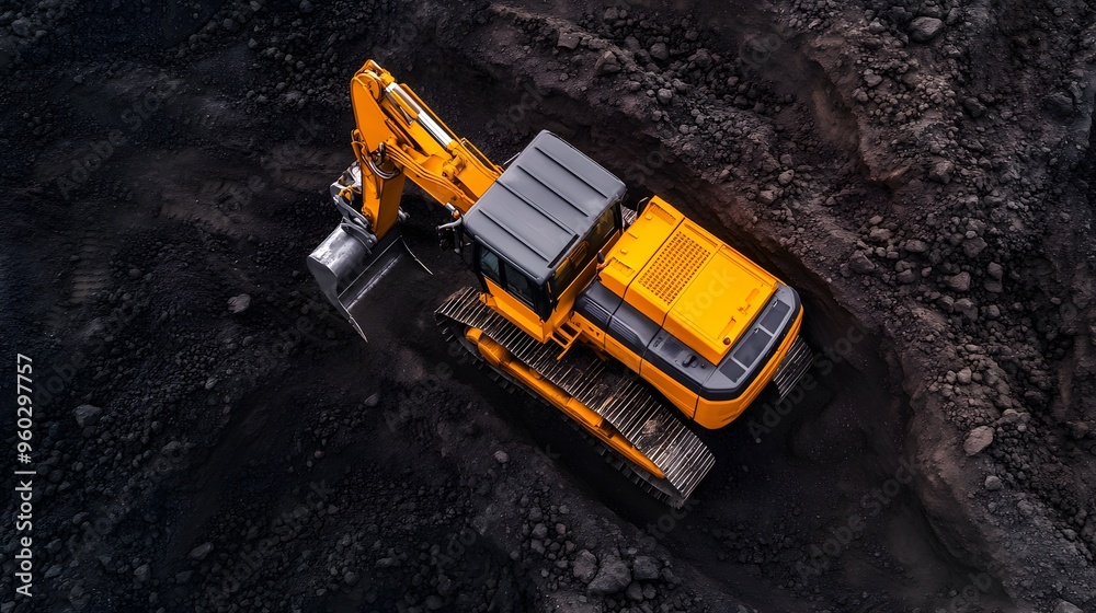 Aerial view of a powerful yellow excavator working on a dark surface, showcasing modern construction machinery in action. Aerial view of a powerful yellow excavator working on a dark surface, showcasing modern construction machinery in action.