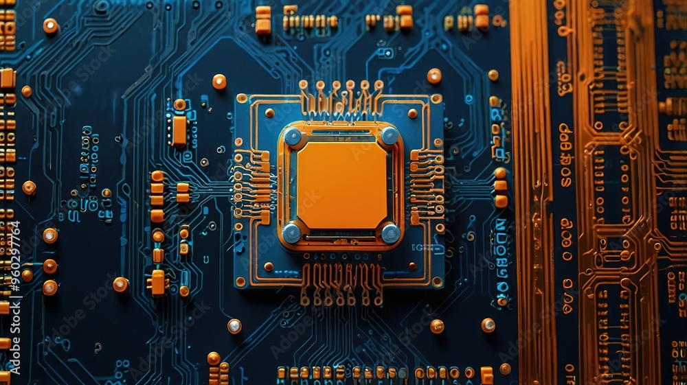 Fototapeta premium Orange, blue technology background/Orange and blue technology background circuit board and code
