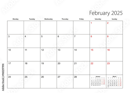 February 2025 simple calendar planner, week starts from Monday.