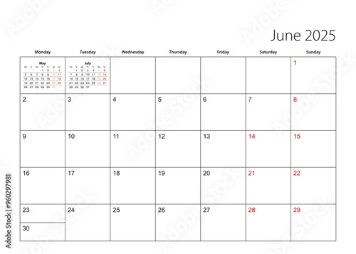 June 2025 simple calendar planner, week starts from Monday.