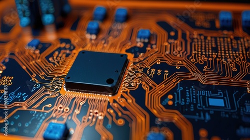 Orange, blue technology background/Orange and blue technology background circuit board and code