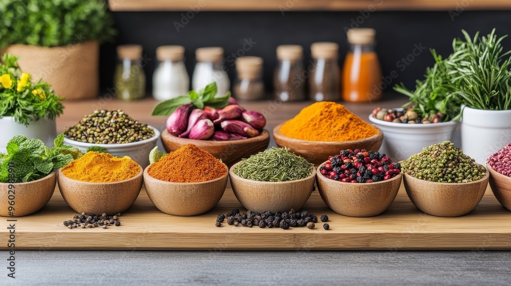 Fototapeta premium Vibrant assortment of spices and herbs in bowls, showcasing a variety of colors and textures, perfect for culinary inspiration.