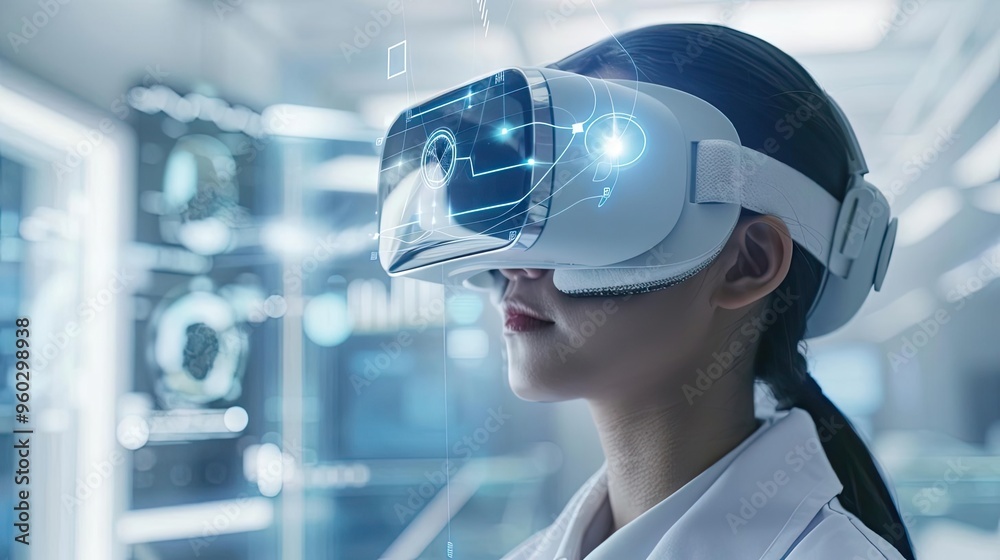A female scientist exploring virtual reality through advanced VR technology in a modern laboratory environment. A female scientist exploring virtual reality through advanced VR technology in a modern laboratory environment.