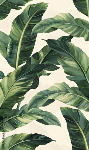 Tropical green banana leaves on a light beige background in a seamless botanical pattern