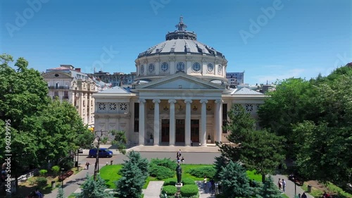 Aerial view over Romanian Atheneum building. Architecture details of this amazing landmark from Bucharest. 4k video. photo