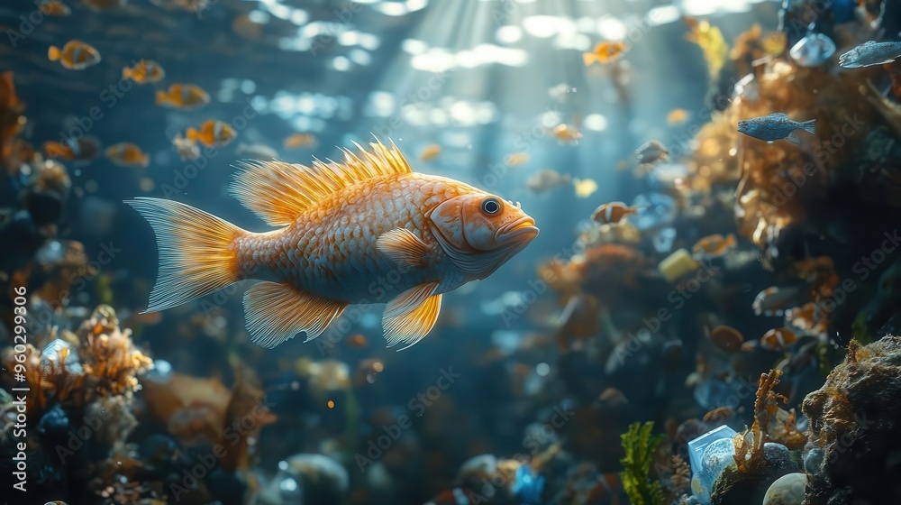 bioluminescent mutant fish swimming through polluted ocean eerie underwater scene with plastic waste scifi marine dystopia bioluminescent mutant fish swimming through polluted ocean eerie underwater scene with plastic waste scifi marine dystopia