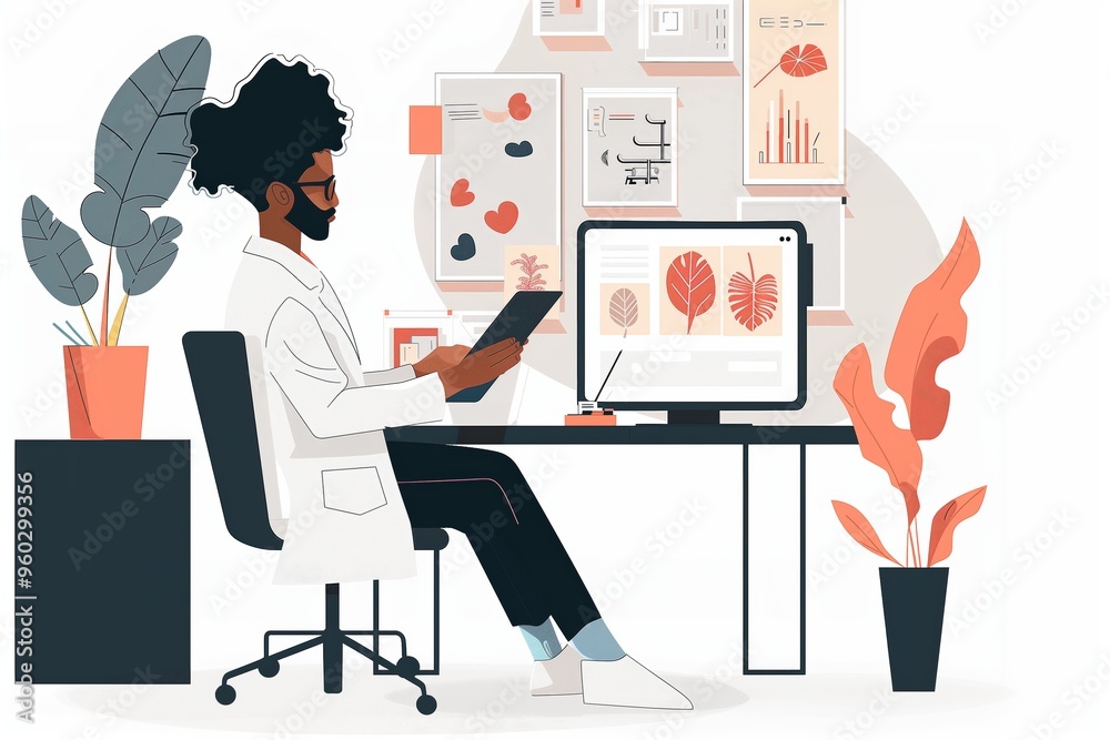 A designer analyzing botanical illustrations in a modern workspace filled with plants A designer analyzing botanical illustrations in a modern workspace filled with plants