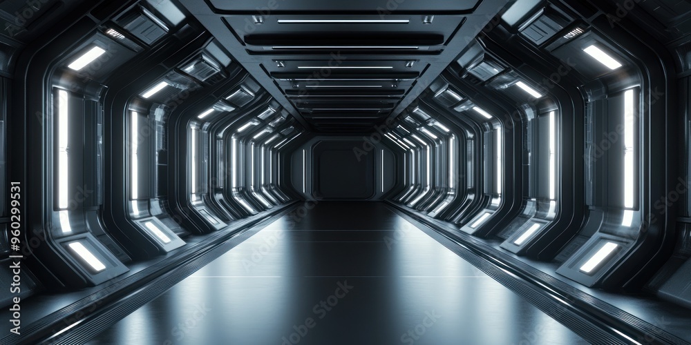 A futuristic metal hallway with bright white lights. A futuristic metal hallway with bright white lights.