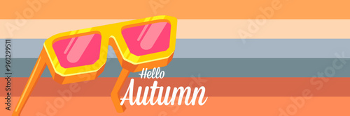 Super Hello Autumn vector banner with text and retro yellow sunglasses isolated on stripped background. Hello Autumn poster design template with cartoon sunglasses, retro rainbow, good vibes