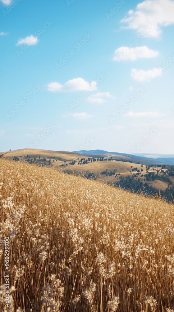 Dried grass on hill and blue-sky view with clouds nature environment Dried grass on hill and blue-sky view with clouds nature environment
