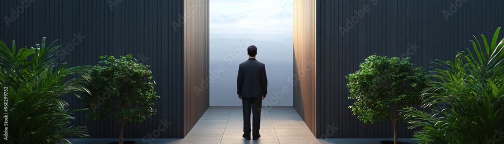 Fototapeta premium A businessman stands at a bright doorway, contemplating possibilities, surrounded by greenery, symbolizing growth and opportunity.