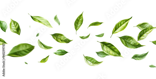 Green tea leaves floating in the air on a white background