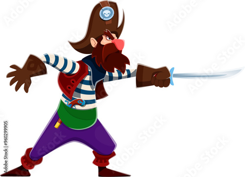 Cartoon pirate character with saber in hand, striking a confident pose. Vector corsair in a striped shirt, purple pants and tricorn hat adorned with a skull, exudes a swashbuckling, adventurous spirit