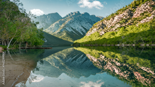 Fototapeta Naklejka Na Ścianę i Meble -  A cinematic shot of a serene landscape with a calm lake reflecting the towering mountains and lush green forests. The sky is clear with a few clouds. The mountains have a rocky terrain with a few tree