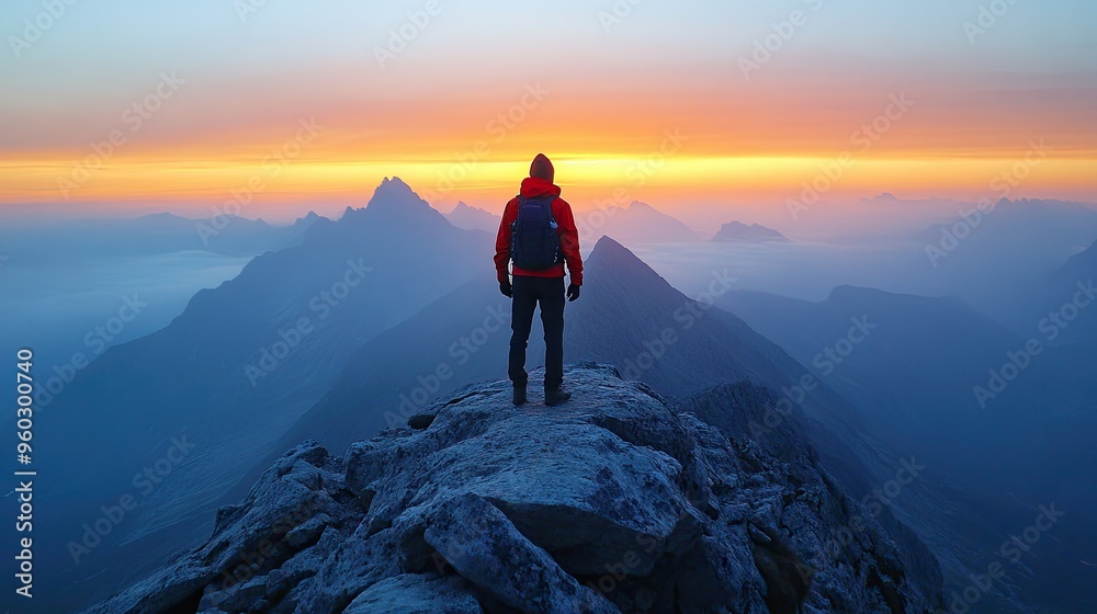 74. Person standing on a mountaintop at dawn, ready to face new challenges 74. Person standing on a mountaintop at dawn, ready to face new challenges