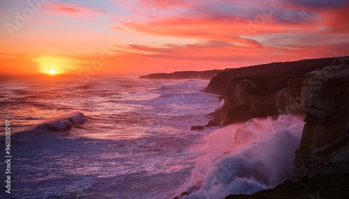 A breathtaking coastal cliff with waves crashing below and a radiant, colorful sunset painting the sky in hues of pink and orange.