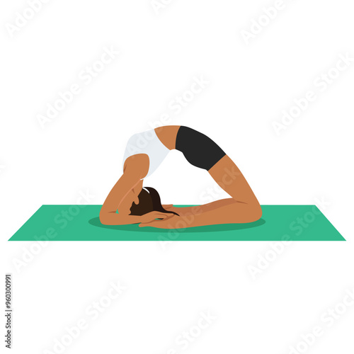 Young woman doing Pigeon Pose or practice Kapotasana yoga exercise. Flat vector illustration isolated on white background