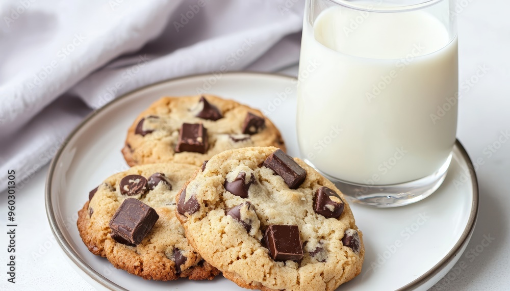 A close-up of freshly baked chocolate chip cookies with gooey chocolate chunks, served with a glass of cold milk A close-up of freshly baked chocolate chip cookies with gooey chocolate chunks, served with a glass of cold milk