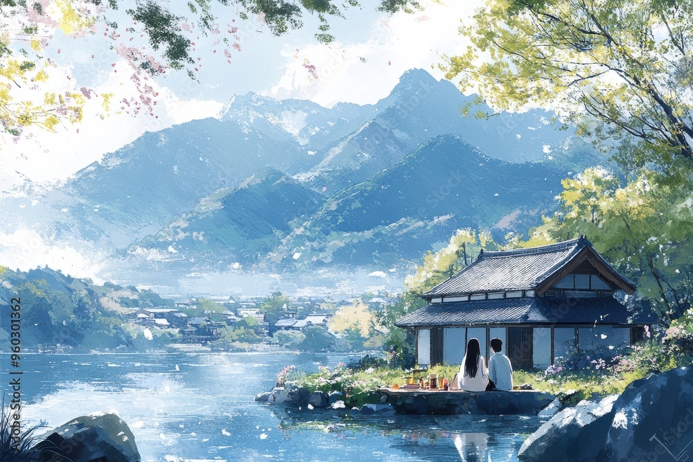 Naklejka premium Serene Landscape with Couple by Tranquil Lake