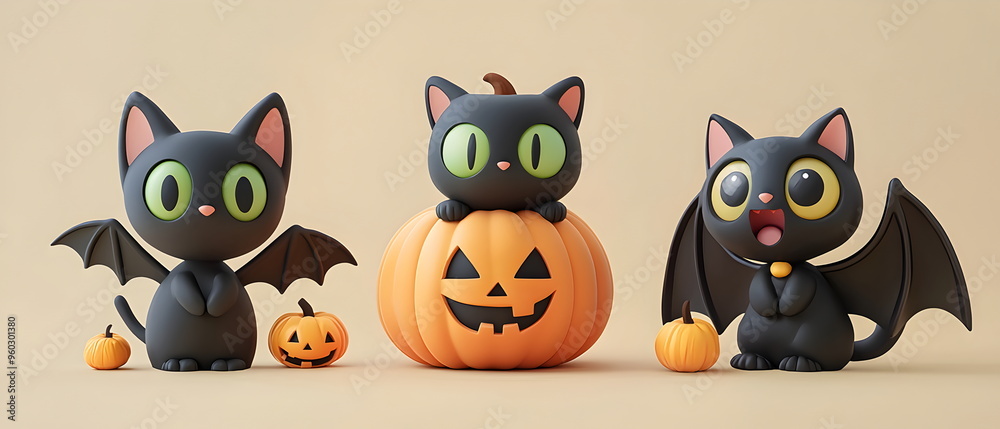A vector set of 3 Halloween characters in 3d clay design, including a Black cat, a Bat with the silly face, and an cute Pumpkin, adorable and festive, isolated on a clean background A vector set of 3 Halloween characters in 3d clay design, including a Black cat, a Bat with the silly face, and an cute Pumpkin, adorable and festive, isolated on a clean background
