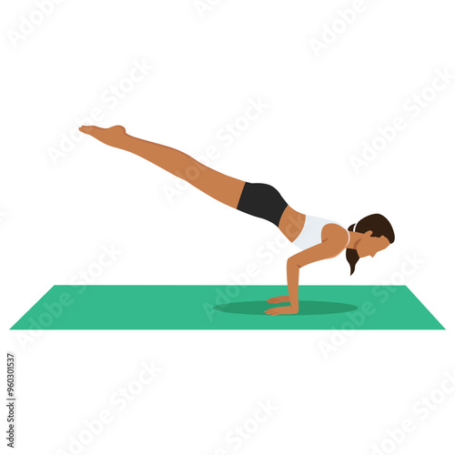Young woman doing Peacock Pose or practice Mayurasana yoga exercise. Flat vector illustration isolated on white background