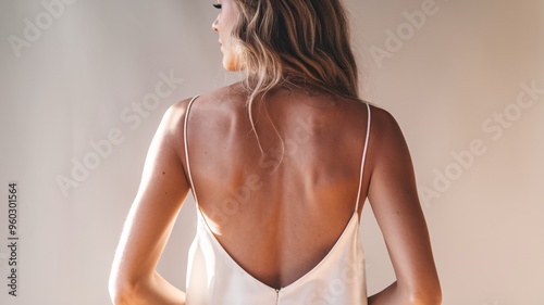 Silky Back: A woman with long, flowing blonde hair stands with her back to the camera, wearing a low-cut, silky top that shows off her graceful shoulders and back. The soft lighting creates a dreamy a