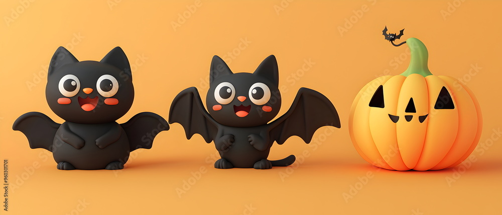 Fototapeta premium A vector set of 3 Halloween characters in 3d clay design, including a Black cat, a Bat with the silly face, and an cute Pumpkin, adorable and festive, isolated on a clean background