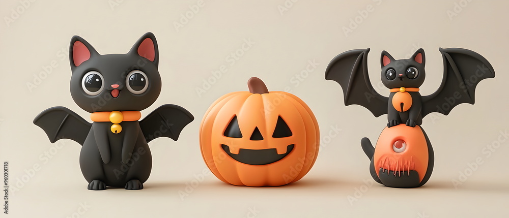 A vector set of 3 Halloween characters in 3d clay design, including a Black cat, a Bat with the silly face, and an cute Pumpkin, adorable and festive, isolated on a clean background