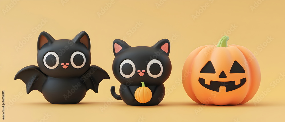 Naklejka premium A vector set of 3 Halloween characters in 3d clay design, including a Black cat, a Bat with the silly face, and an cute Pumpkin, adorable and festive, isolated on a clean background
