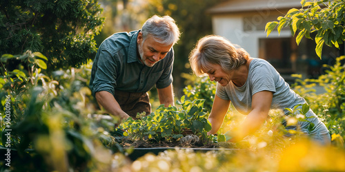 Happy retired couple gardening and enjoying life in bright sunshine