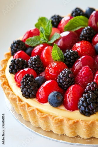 A fresh fruit tart with a golden crust, filled with pastry cream and topped with a colorful assortment of berries