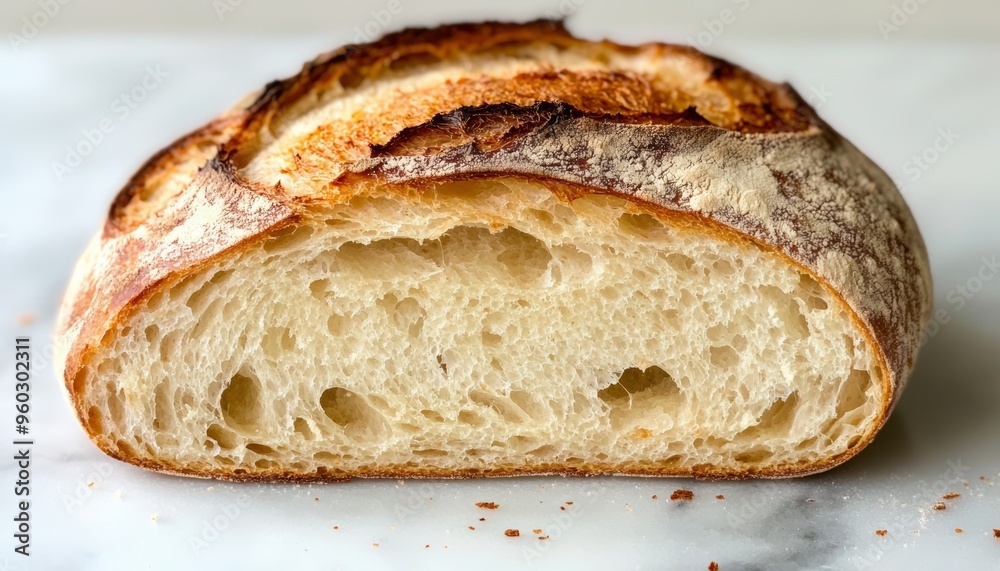A freshly baked sourdough bread loaf, sliced open to reveal the airy, soft crumb inside
