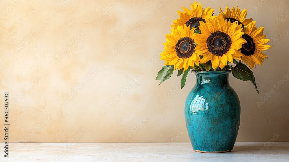Elegant vase with a glossy blue glaze, holding sunflowers, set against a neutral beige wall background. Elegant vase with a glossy blue glaze, holding sunflowers, set against a neutral beige wall background.
